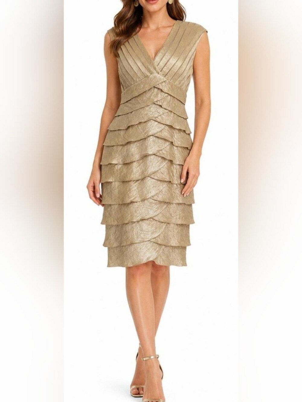 Adrianna Papell Metallic Gold Layered Sheath Dress